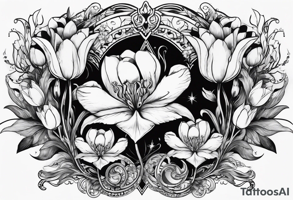 Scorpio and Leo with black and white tulips tattoo idea