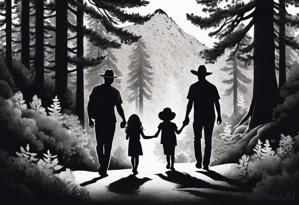 A shadow of a father and wife and young son and young daughter  walking through the Pacific Northwest Forrest. Mexican art. Trust in God tattoo idea
