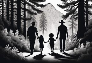 A shadow of a father and wife and young son and young daughter  walking through the Pacific Northwest Forrest. Mexican art. Trust in God tattoo idea