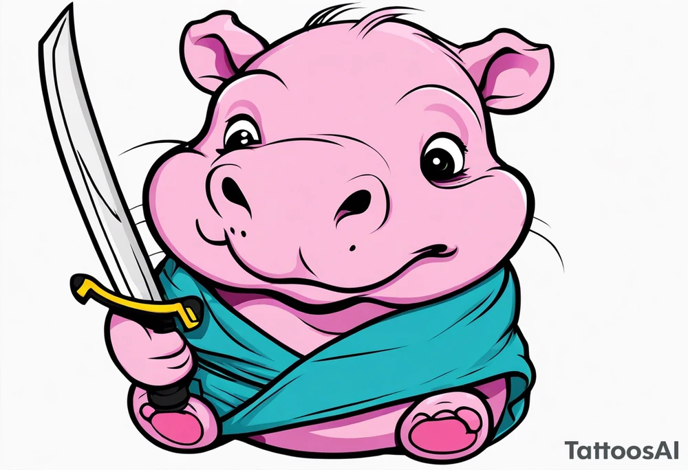 Baby hippo in a swaddle holding a katana tattoo idea