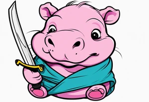 Baby hippo in a swaddle holding a katana tattoo idea