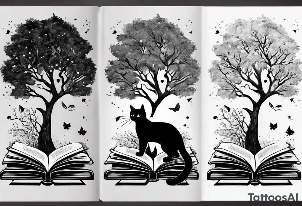 Four books stacked whimsically with the top book open with a black cat and and Tree coming out with a little start in the sky tattoo idea