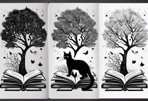 Four books stacked whimsically with the top book open with a black cat and and Tree coming out with a little start in the sky tattoo idea