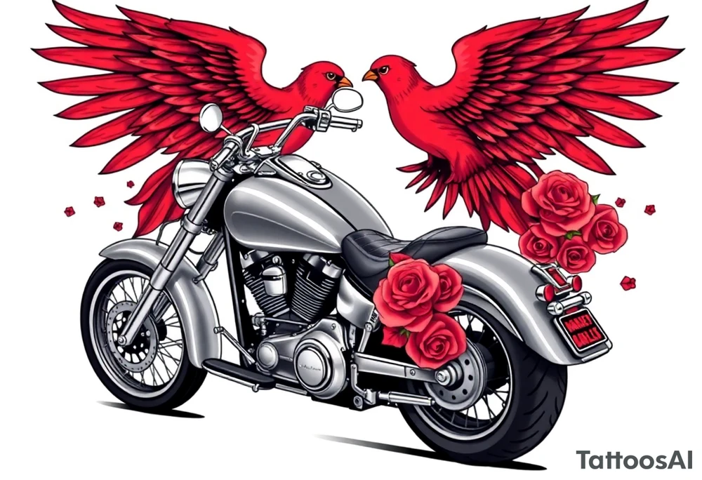 Harley grey motorcycle driving away, two red birds flying, roses, flames, angel wings tattoo idea