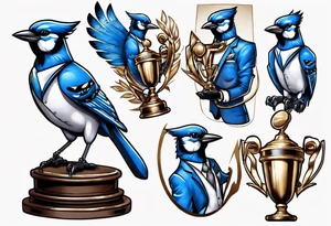 bluejay in a suit holding a trophy tattoo idea