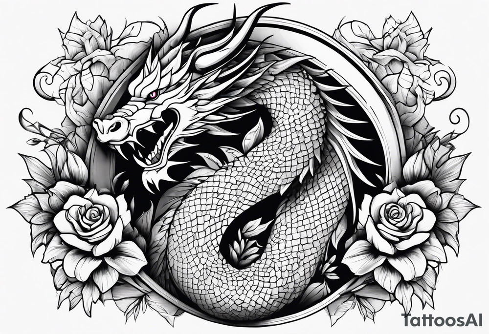 Dragón con peonías blanco y negro tattoo idea