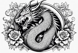 Dragón con peonías blanco y negro tattoo idea