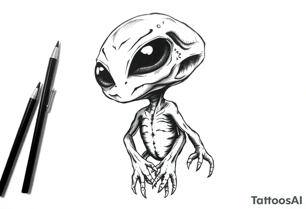 A street stencil style drawing of an cute alien tattoo idea