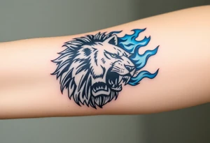 Powerful, fierce stoic lions head, whose mane turns into blue flames that swirl up my arm with blue embers tattoo idea