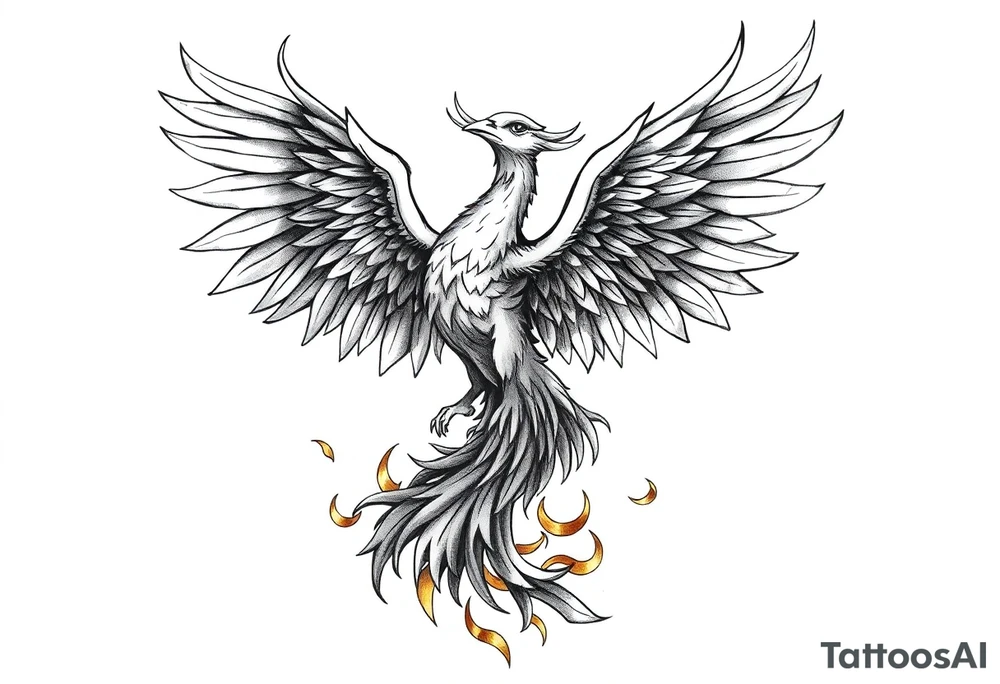 magnificent phoenix rising from golden flames with trailing embers tattoo idea