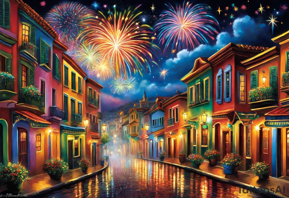 Fireworks burst across the night sky, surrounded by glowing candles and stars, capturing the magic and nostalgia of Colombian December nights. The scene is vibrant with multi-colored lights and an air of celebration. Soft linework mist or halos around the fireworks adds a magical, dreamy quality to the scene. The tattoo reflects joy and tradition, with an emphasis on warmth and festivity. tattoo idea