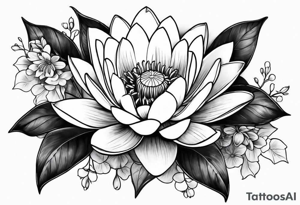 Water lily and larkspur bouquet tattoo idea