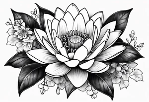 Water lily and larkspur bouquet tattoo idea