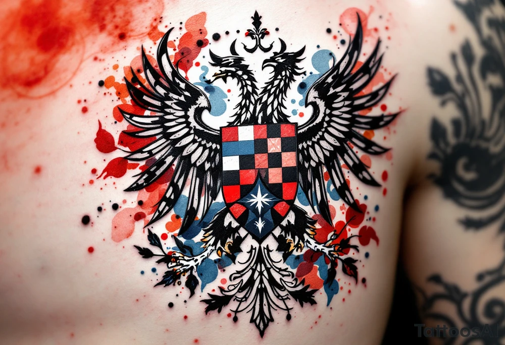 A modernized version of the existing coat of arms with a sleeker, minimalist design while keeping the red and white Bohemian lion, the Moravian checkered eagle (blue and white), and the Silesian black eagle on gold. tattoo idea