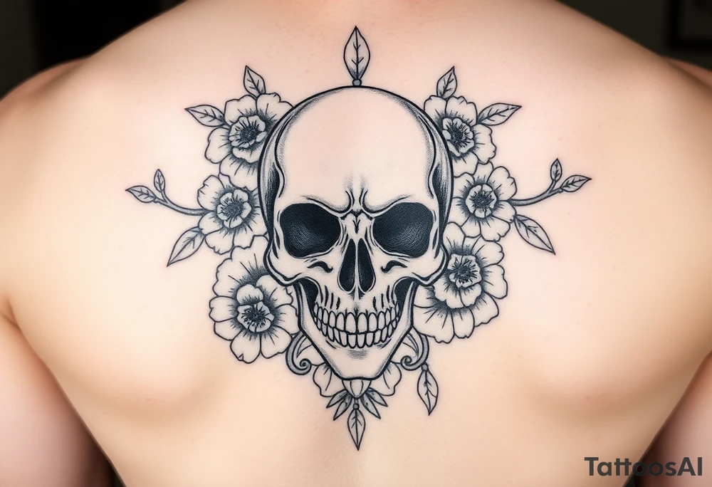skull, surrounded by floral ornaments tattoo idea
