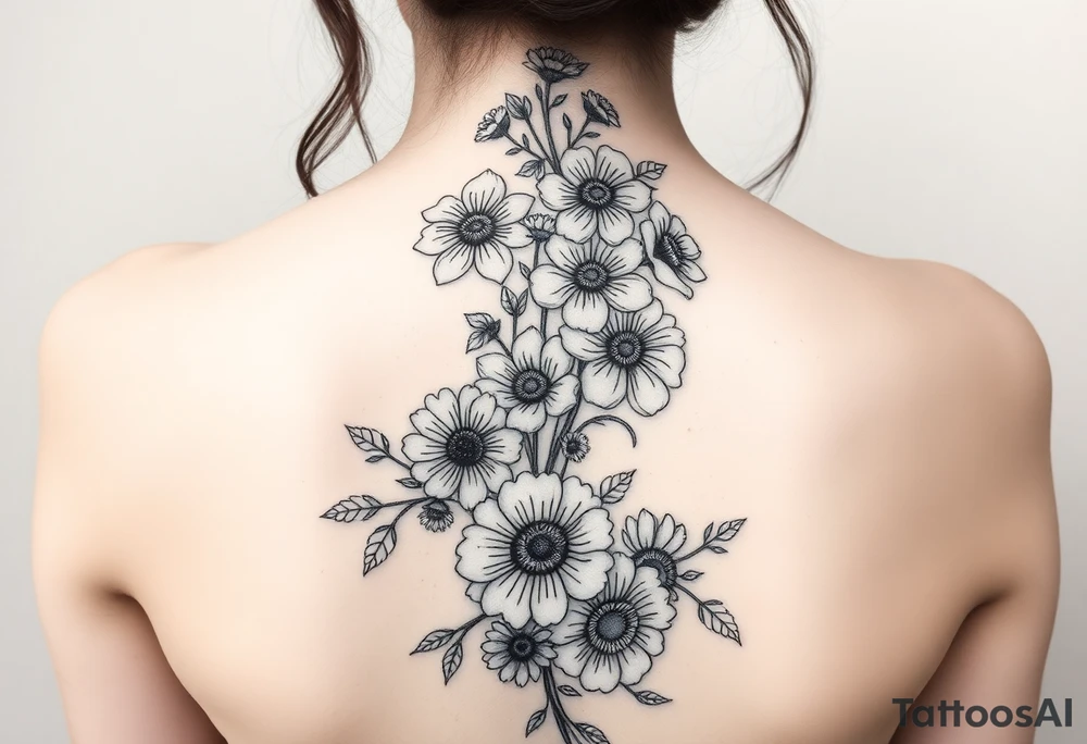 A spine tattoo a flower vine going down the whole back With the flowers Honeysuckle Chrysanthemum  waterlily Gladiolus Daisy sweet pea rose tattoo idea