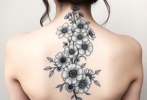 A spine tattoo a flower vine going down the whole back With the flowers Honeysuckle Chrysanthemum  waterlily Gladiolus Daisy sweet pea rose tattoo idea