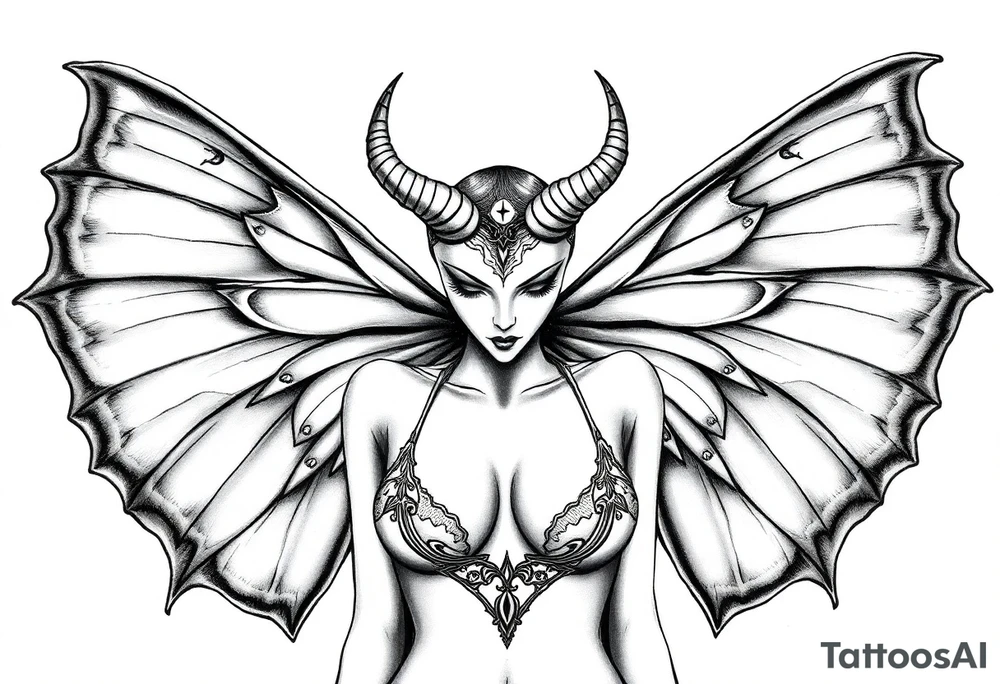 A powerful extremely sexy depiction of a start date with angel wings resembling that of a lunar moth and horns resembling the moths antennas with the son of of her head as if a Halo with two crescent men's off to each side full frontal nude with exotic see through lingerie tattoo idea