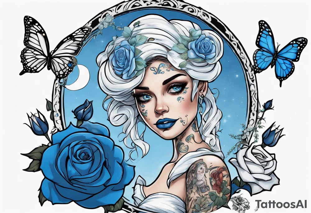 character Emily from the film corps bride. she is wearing a wedding dress. the vail on her head. she is holding a bouquet of blue roses in the middle of the bouquet  there is one white daisy. there is a Blue Morpho butterfly flying around her. A full moon on the background. tattoo idea