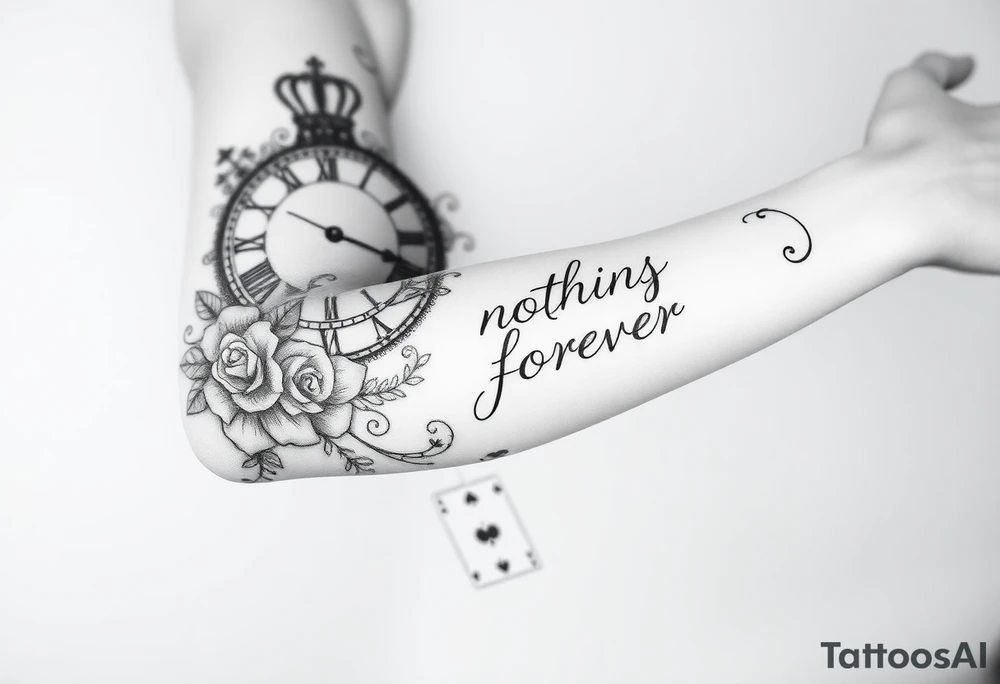 Roman clock with roses and a crown,  a quote that says nothings forever. and on the bottom a deck of cards tattoo idea