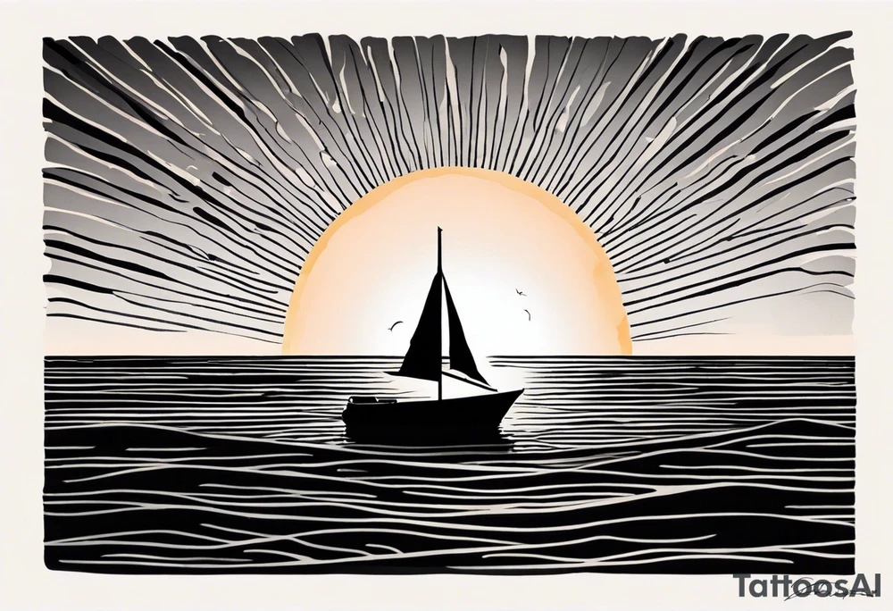 Sunset from the perspective of being on a boat on the ocean. The waves are very calm and there is no land in site. There are slight reflections of the sun on the water. The tattoo will be in landscape orientation on the forearm, rought 3 inches wide and 2 inches tall. The style is incredibly minimal and simple. Mostly black with small splashes of color from the sun. tattoo idea