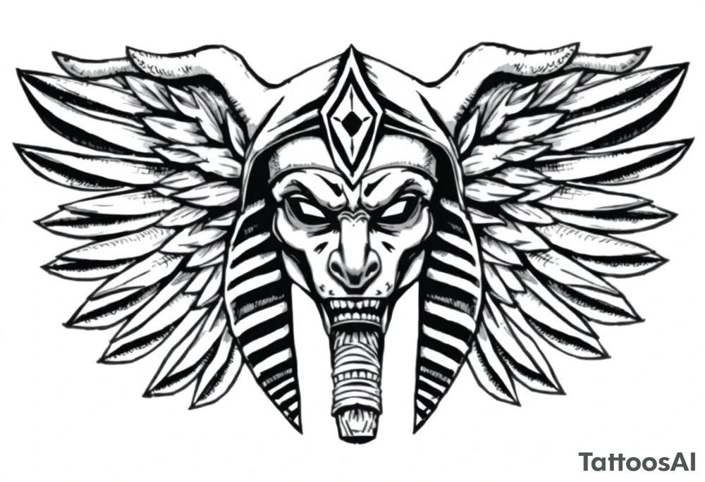 powerful majestic square muscle anubis Egyptian god face mix with joker
without eyes with mantle on head tattoo idea