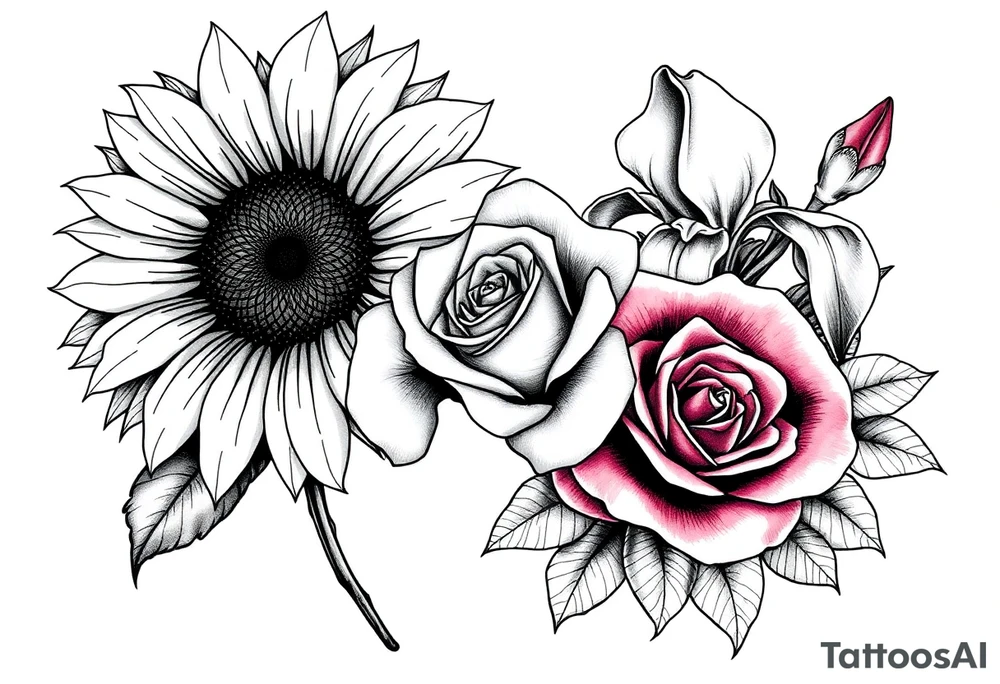 Sunflower,iris and a Rose flowers tattoo idea