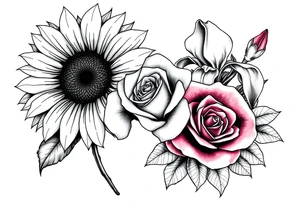 Sunflower,iris and a Rose flowers tattoo idea
