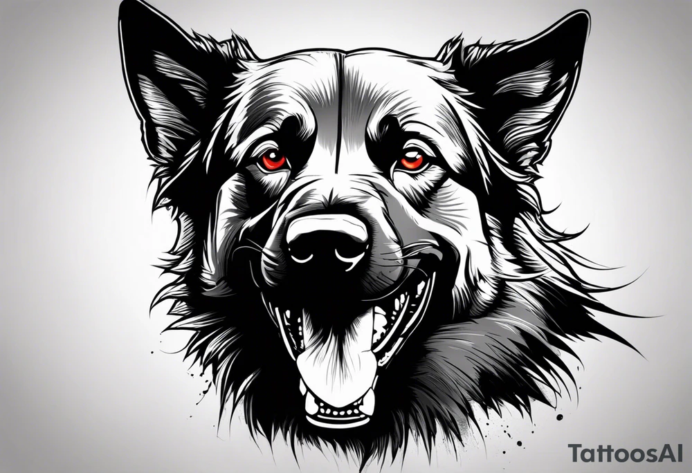 Create aggressive, vicious dog, with some blood coming out of his mouth and saliva. Make it a drawing and use the image of reference. I am going to add. I want HIM TO BE ANGRY WITH RED EYES use VICIOUS German shepherd tattoo idea