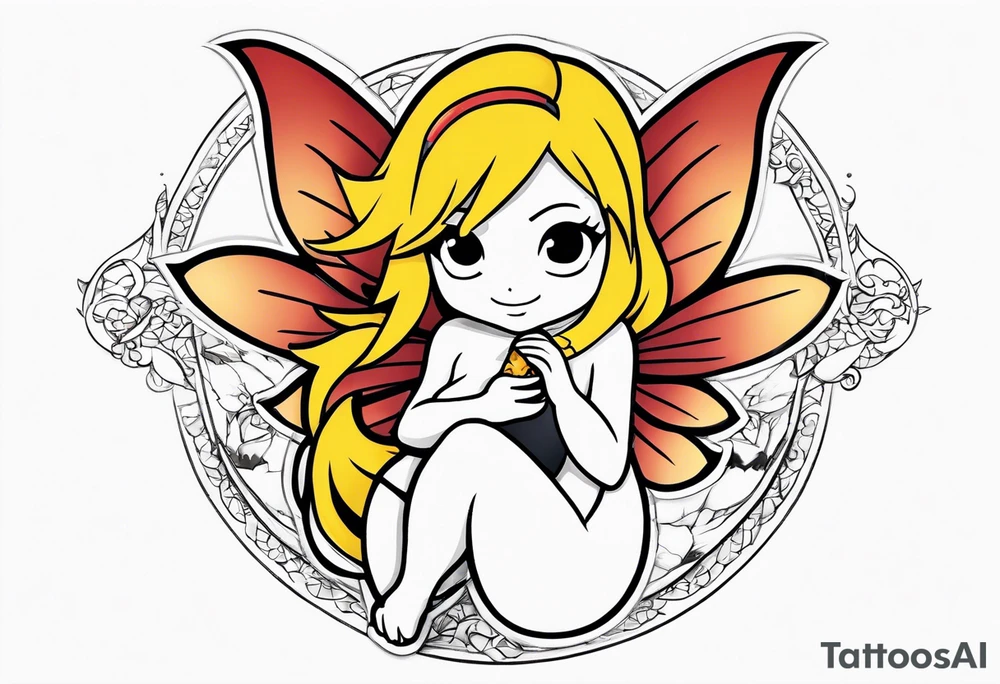 A fairy with a tail inspired by the logo of the show called Fairy Tail in a fetal position leaning in tattoo idea