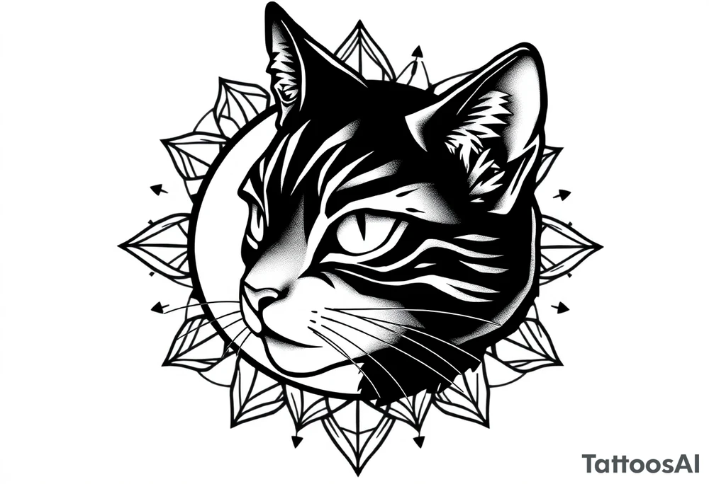 Female black cat head with geometric boarder tattoo idea