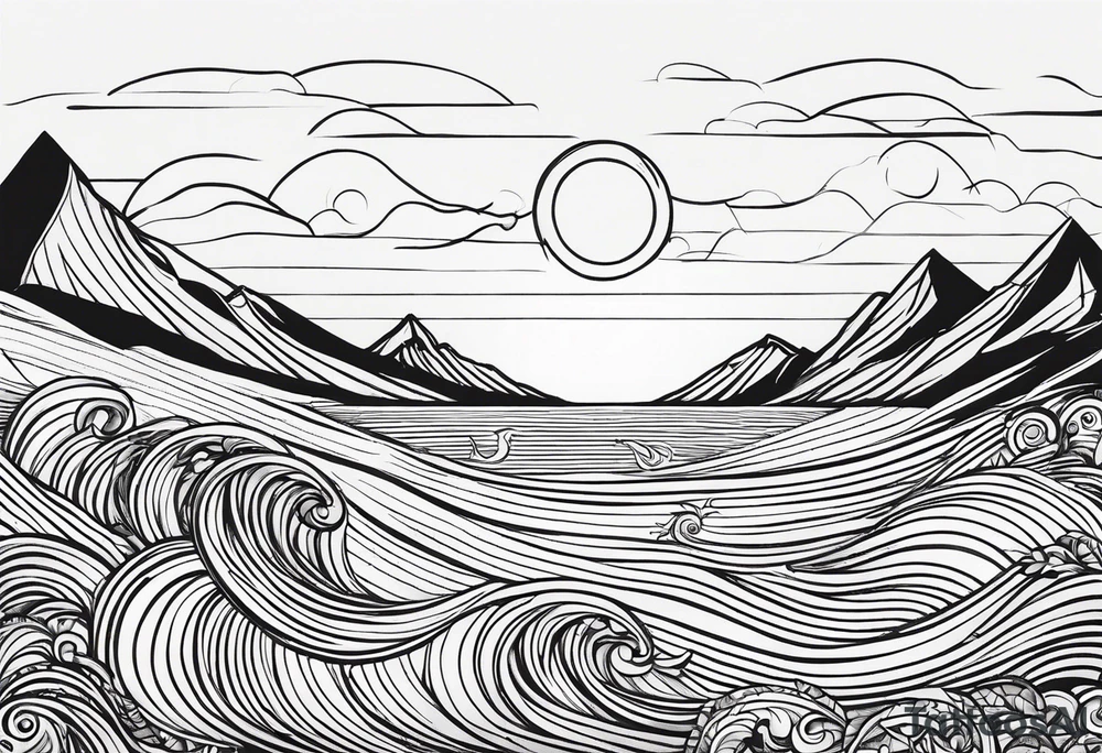 Line art minimalist sun mountain ocean simple 
Basic tattoo idea