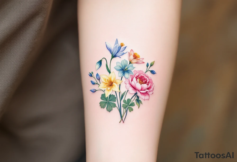 Carnation, Snowdrop, Larkspur, Water Lily, Daffodil, Clover tattoo idea