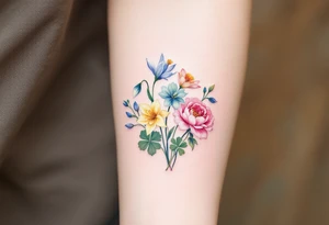 Carnation, Snowdrop, Larkspur, Water Lily, Daffodil, Clover tattoo idea