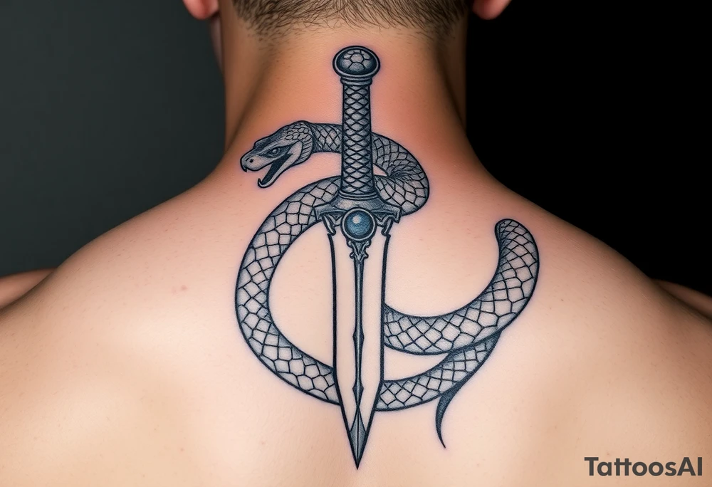 mystical snake coiled around an ancient dagger with jeweled hilt tattoo idea
