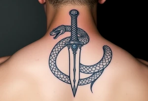 mystical snake coiled around an ancient dagger with jeweled hilt tattoo idea