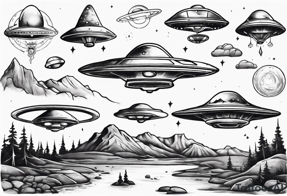 UFO hidden in beautiful landscape tattoo idea