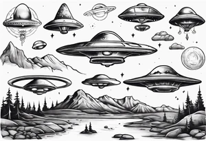 UFO hidden in beautiful landscape tattoo idea