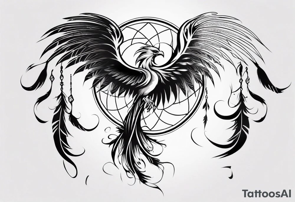 Vertical angry flying Phoenix with wings blending into circles and a long abstract dream catcher feather tail tattoo idea
