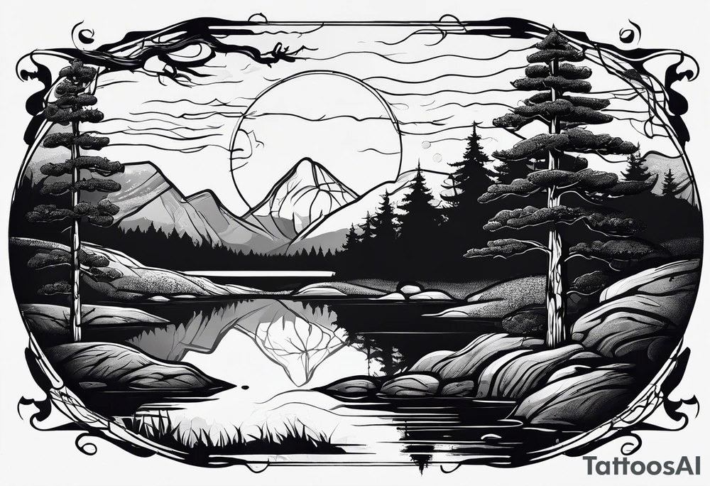 A small forest with a round lake. With a piece of rock in the middle. On the rock there is a gate tattoo idea