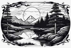 A small forest with a round lake. With a piece of rock in the middle. On the rock there is a gate tattoo idea