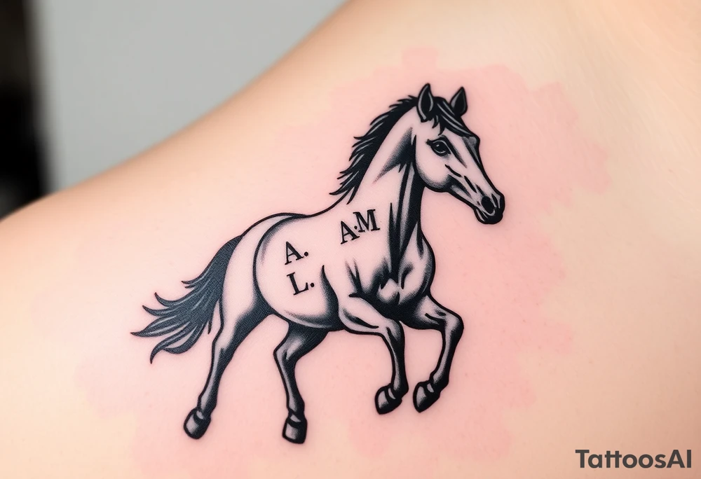 horse silhouette 
from the front which gallops from the front, with the 3 small letters discreetly integrated: L, A, M tattoo idea