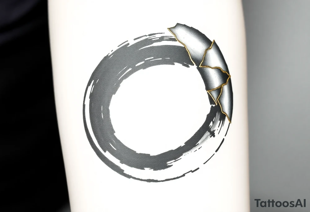 A minimalist Japanese‑inspired tattoo of a thick Zen ensō circle, drawn with a bold, hand‑painted black ink brushstroke. The circle is imperfect and organic, with visible texture and subtle variation in line thickness. About the last quarter of the circle, near the top‑right, transforms into a cracked ceramic segment that has been repaired using kintsugi: visible broken pieces outlined and joined by thin, flowing gold lines. The gold seams follow the natural fractures of the ceramic section, creating several branching cracks rather than a single line, clearly distinguishing this repaired portion from the rest of the smooth ink circle. The transition from ink to ceramic should feel natural, as if the painted circle solidifies into a fragile object that has been lovingly mended. Keep the interior of the circle empty (no tree, no mountains, no stars), with a clean white background and no extra symbols or text. Design it as a black and gray tattoo with a subtle metallic gold effect on the kintsugi seams, suitable for a medium‑sized placement on the inner forearm. tattoo idea