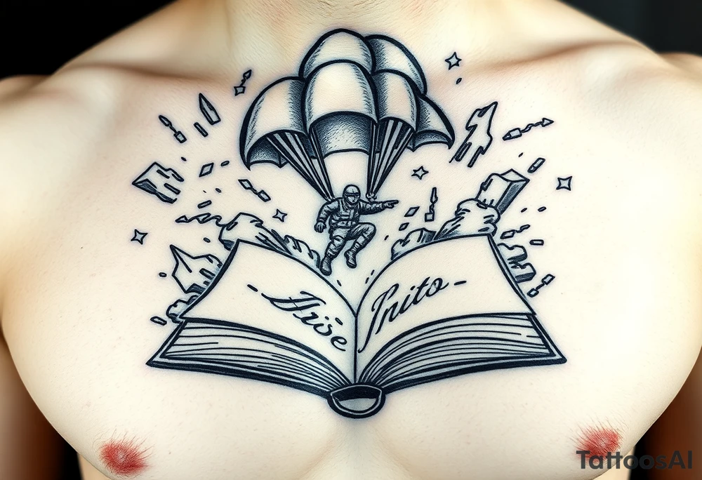 A parachuting soldier landing into an open book. Chaos surrounding, but a sense of security inside the book. On the chest. not cartoon tattoo idea