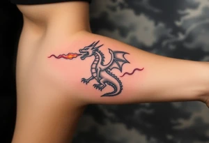 fierce dragon breathing iridescent fire against stormy skies tattoo idea