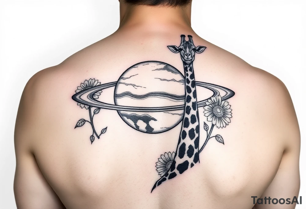 Saturn with a giraffe and marigold flowers tattoo idea