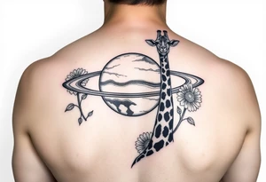 Saturn with a giraffe and marigold flowers tattoo idea