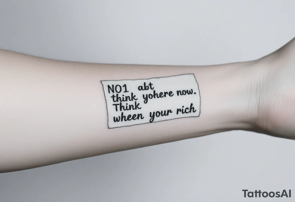 a piece of paper saying no1 is here now think abt it when your rich tattoo idea