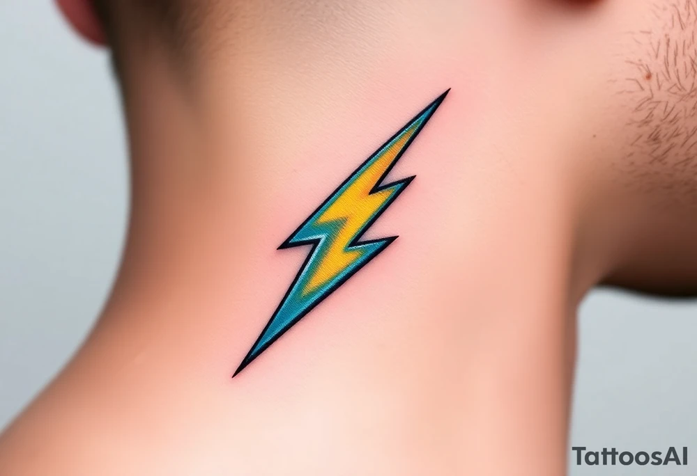 A bold, electrifying lightning bolt tattoo, designed with sharp, angular edges and a dynamic, jagged shape. The bolt glows with an intense yellow core, fading into blue at the edges. tattoo idea