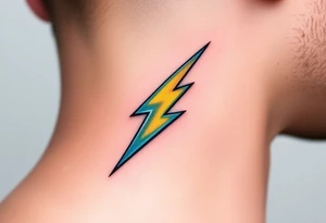 A bold, electrifying lightning bolt tattoo, designed with sharp, angular edges and a dynamic, jagged shape. The bolt glows with an intense yellow core, fading into blue at the edges. tattoo idea